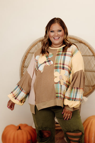 Mocha Combo Plaid Mix Daisy Patch Oversized Top