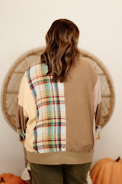 Mocha Combo Plaid Mix Daisy Patch Oversized Top