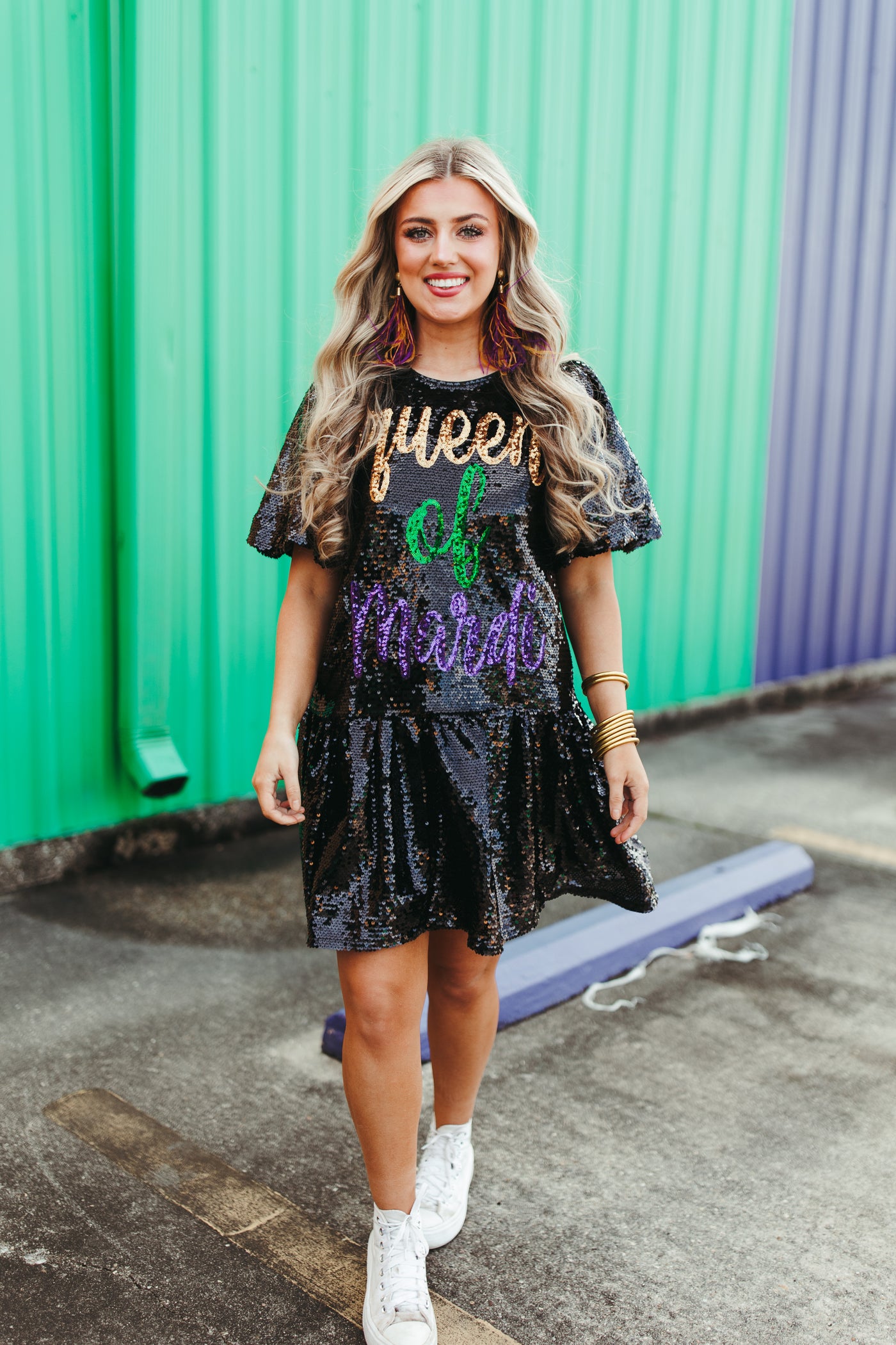 Black Sequin Queen Of Mardi Puff Sleeve Dress