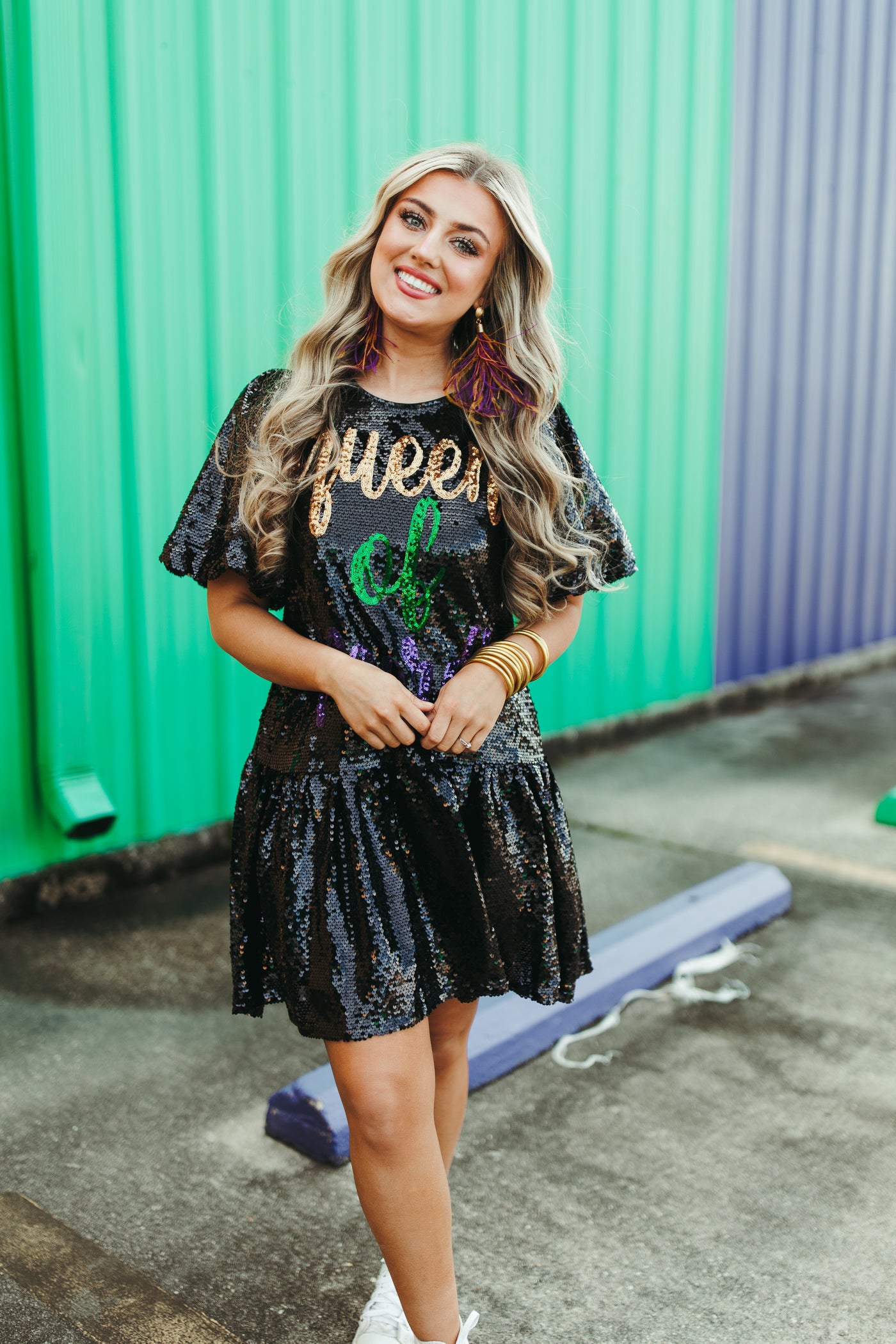 Black Sequin Queen Of Mardi Puff Sleeve Dress