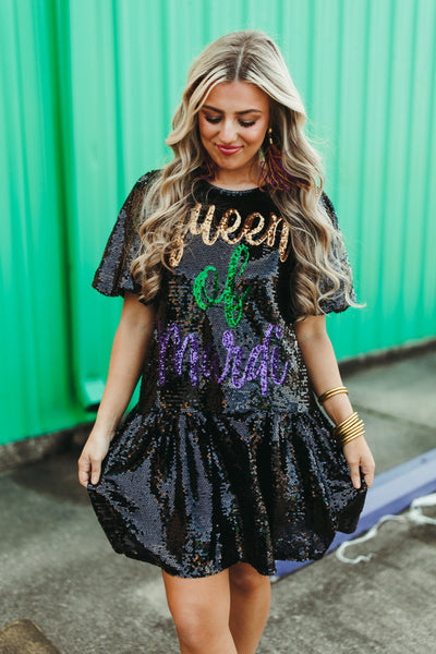 Black Sequin Queen Of Mardi Puff Sleeve Dress