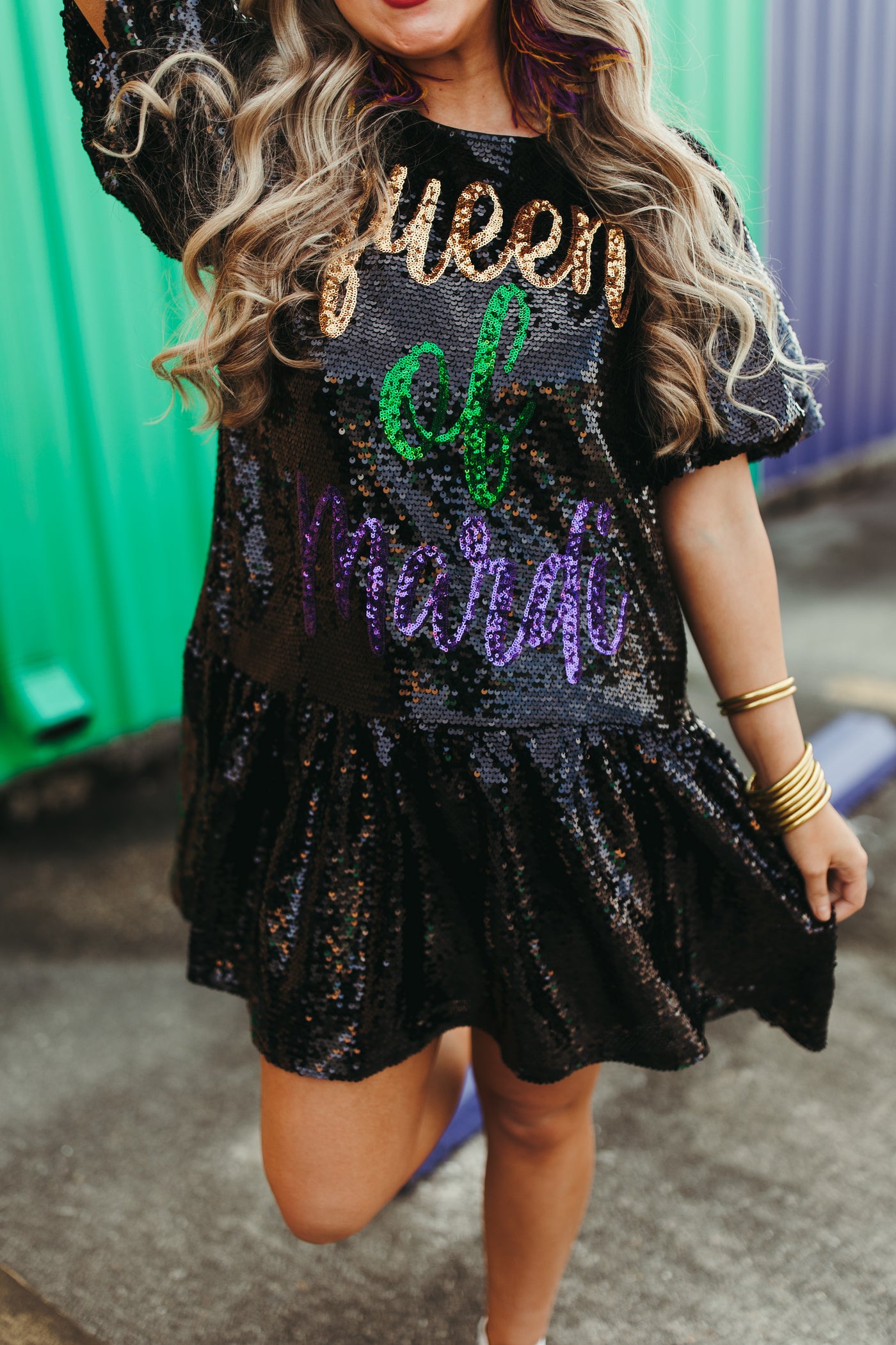 Black Sequin Queen Of Mardi Puff Sleeve Dress