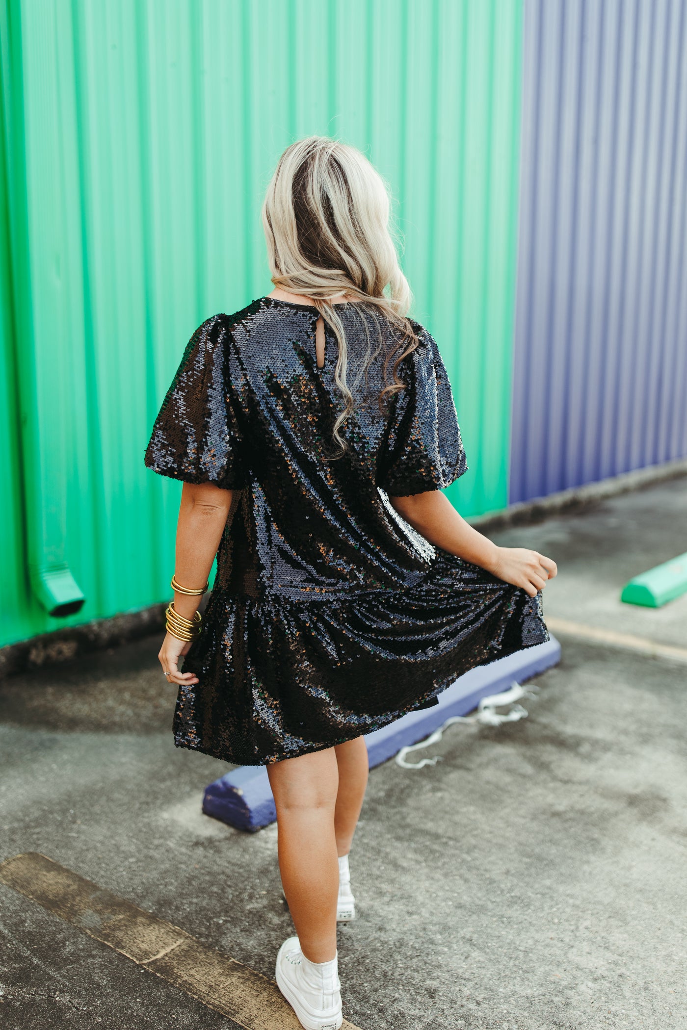 Black Sequin Queen Of Mardi Puff Sleeve Dress