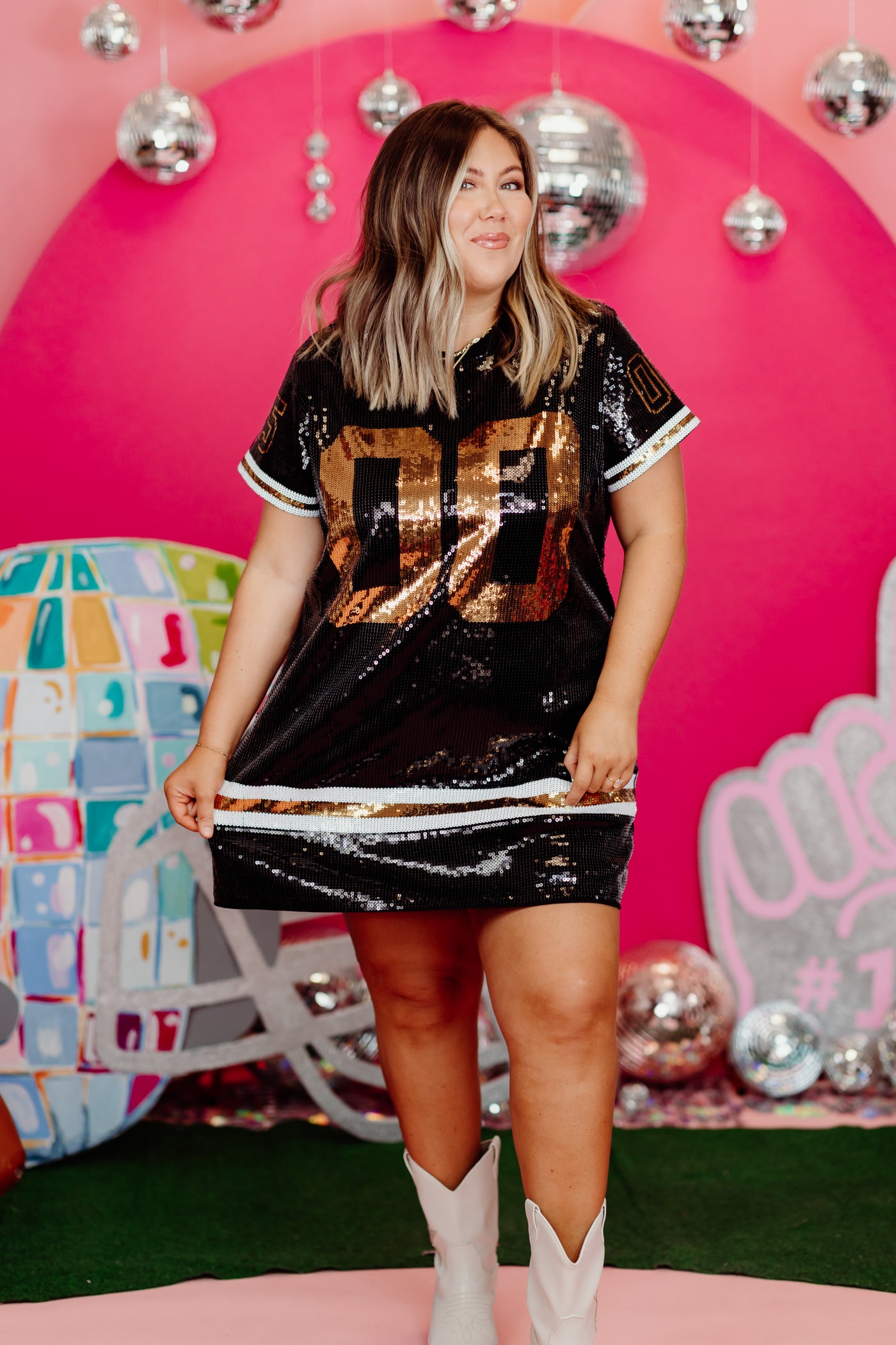 Queen of Sparkles Black & Gold Sequin Jersey Dress