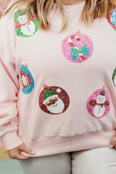 Pink Corduroy Sequin Embroidered Ornaments Sweater