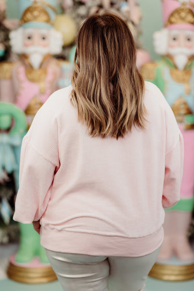 Pink Corduroy Sequin Embroidered Ornaments Sweater