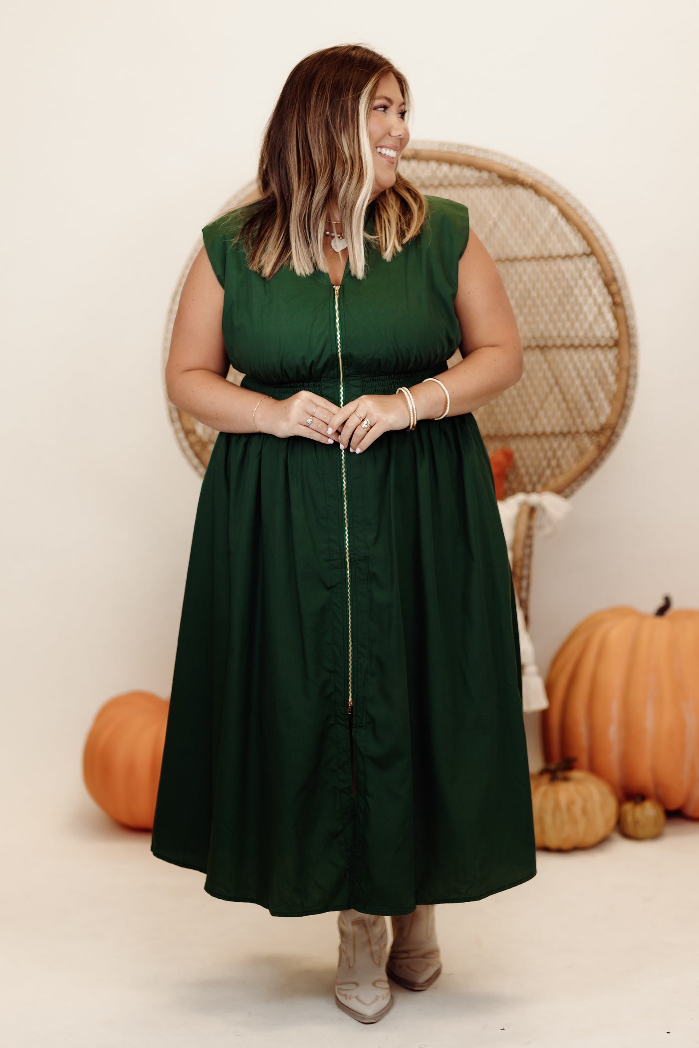 Hunter Green Notch Neck Zipper Detail Midi Dress