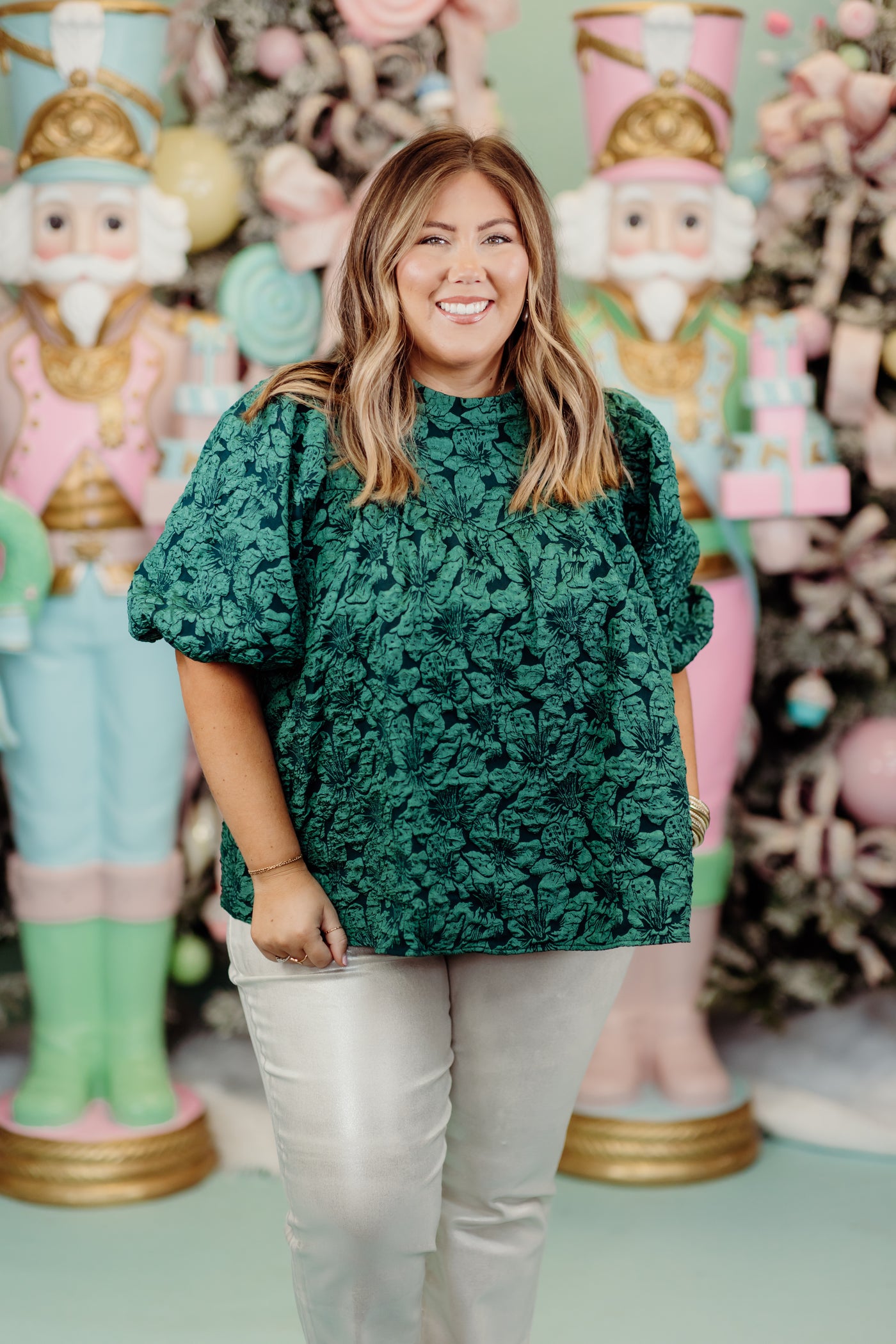 Hunter Green Floral Jacquard Puff Sleeve Blouse