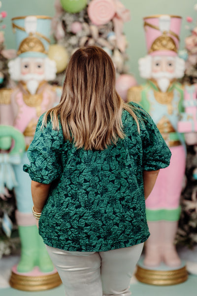 Hunter Green Floral Jacquard Puff Sleeve Blouse