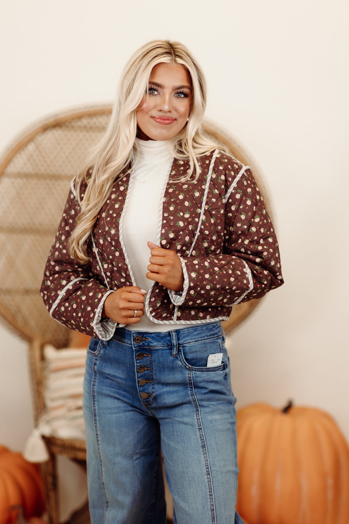 Chocolate Floral Quilted Open Front Jacket