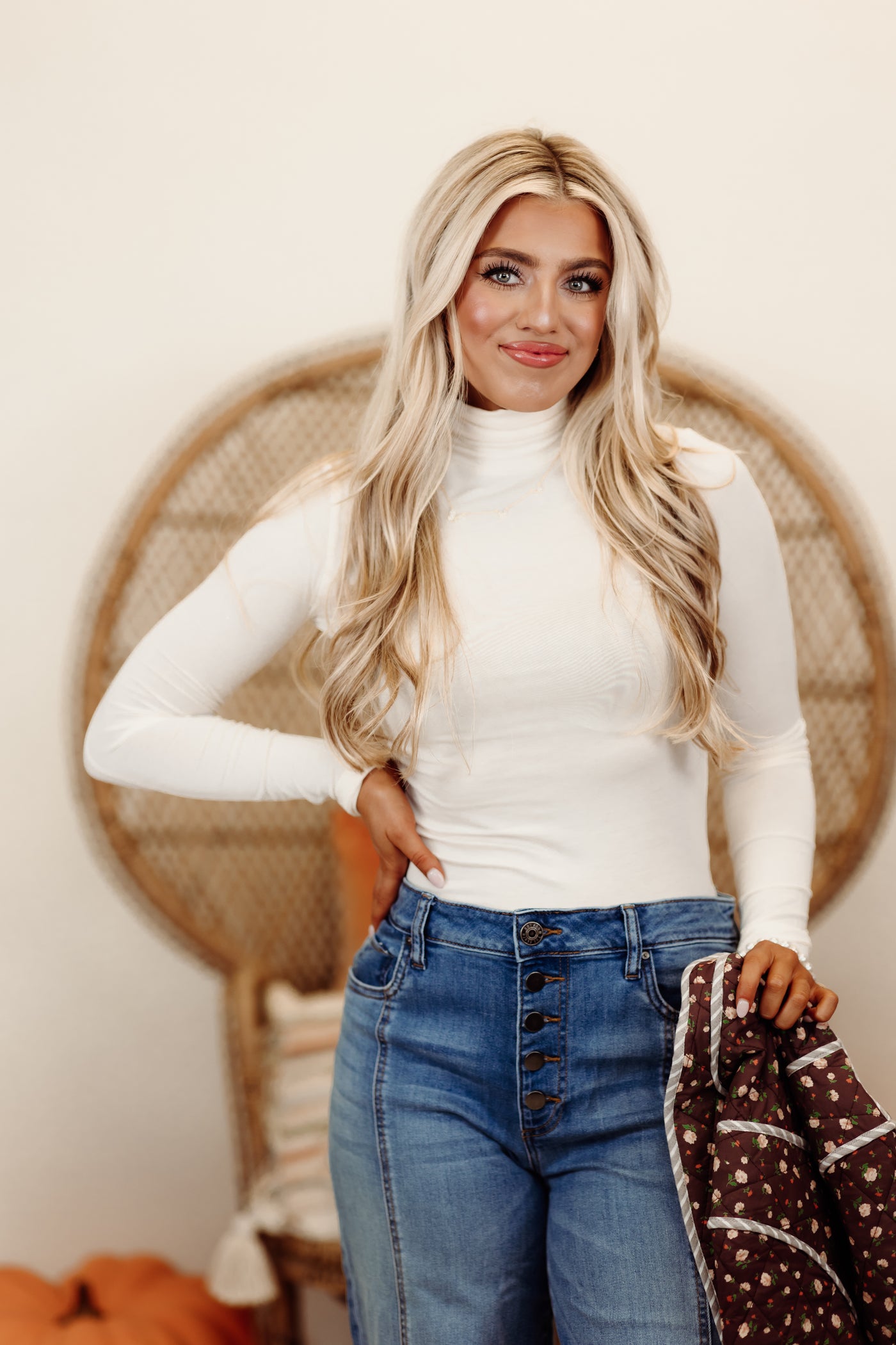 Cream Long Sleeve Turtleneck Top