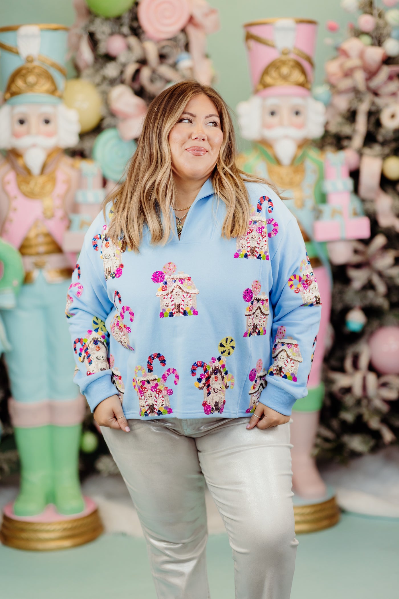 Queen of Sparkles Light Blue Gingerbread Houses Collar Sweatshirt