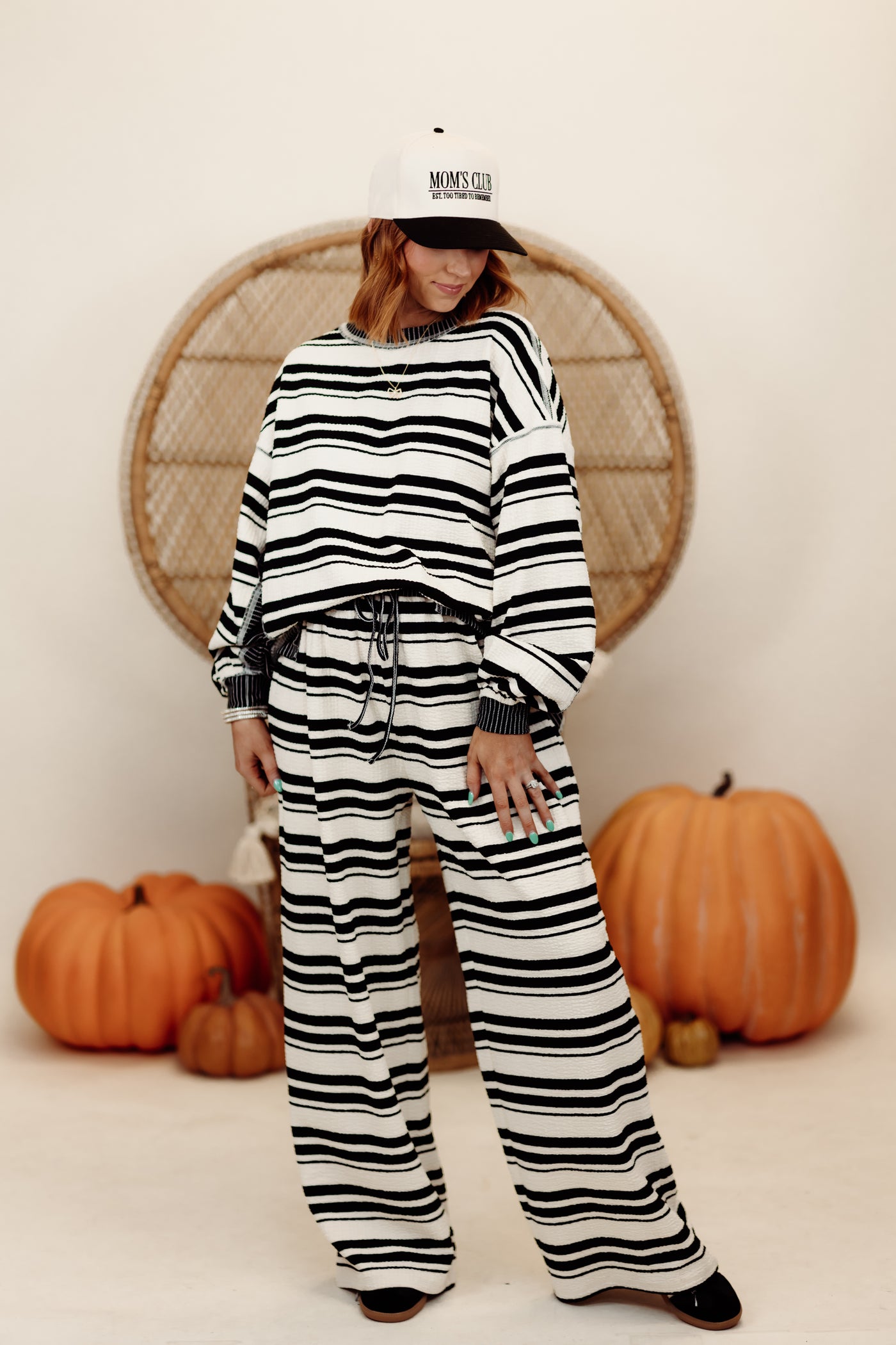 Black and Cream Mixed Stripe Pullover and Wide Leg Pant Set