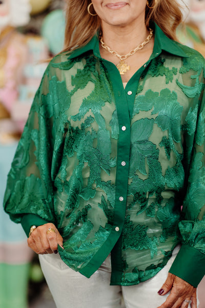 Green Sheer Floral Button Down Blouse