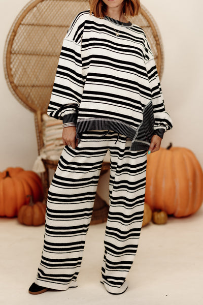 Black and Cream Mixed Stripe Pullover and Wide Leg Pant Set