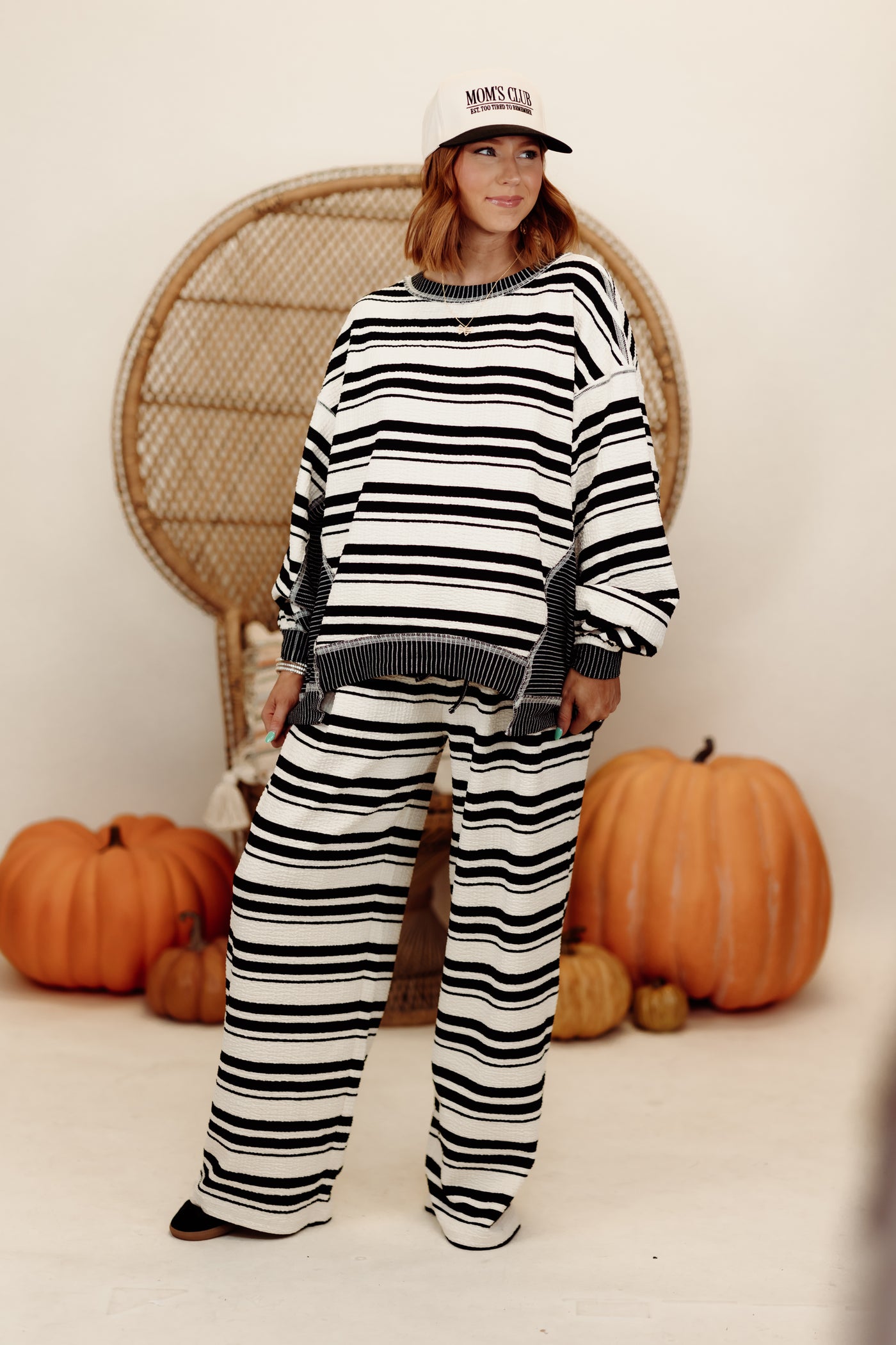 Black and Cream Mixed Stripe Pullover and Wide Leg Pant Set