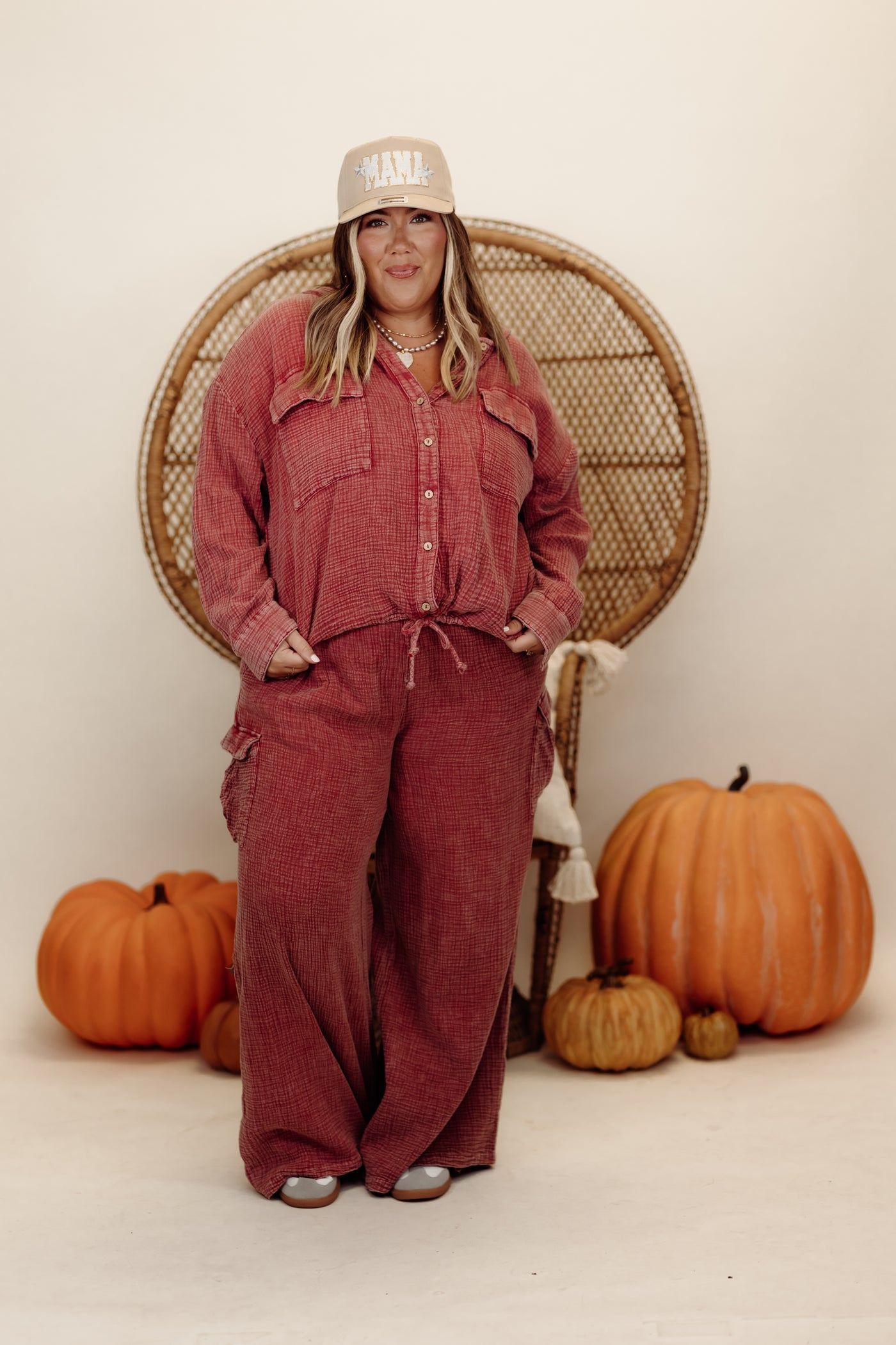 Raspberry Gauze Oversized Button Down Hoodie and Pant Set