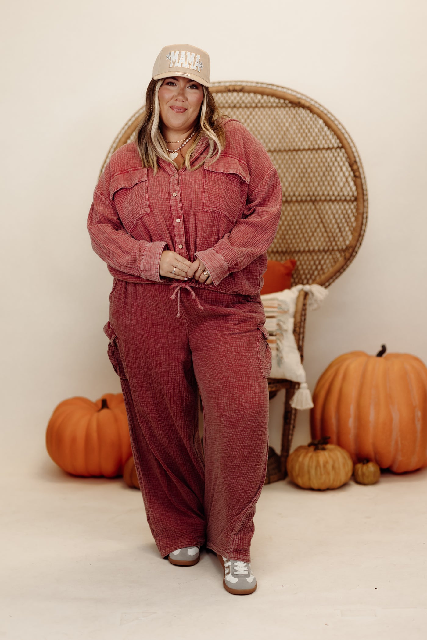 Raspberry Gauze Oversized Button Down Hoodie and Pant Set