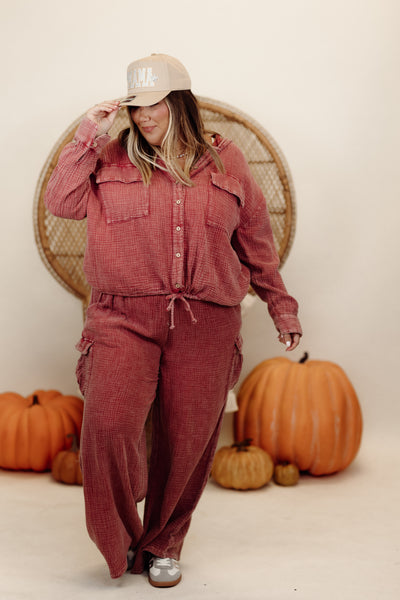 Raspberry Gauze Oversized Button Down Hoodie and Pant Set