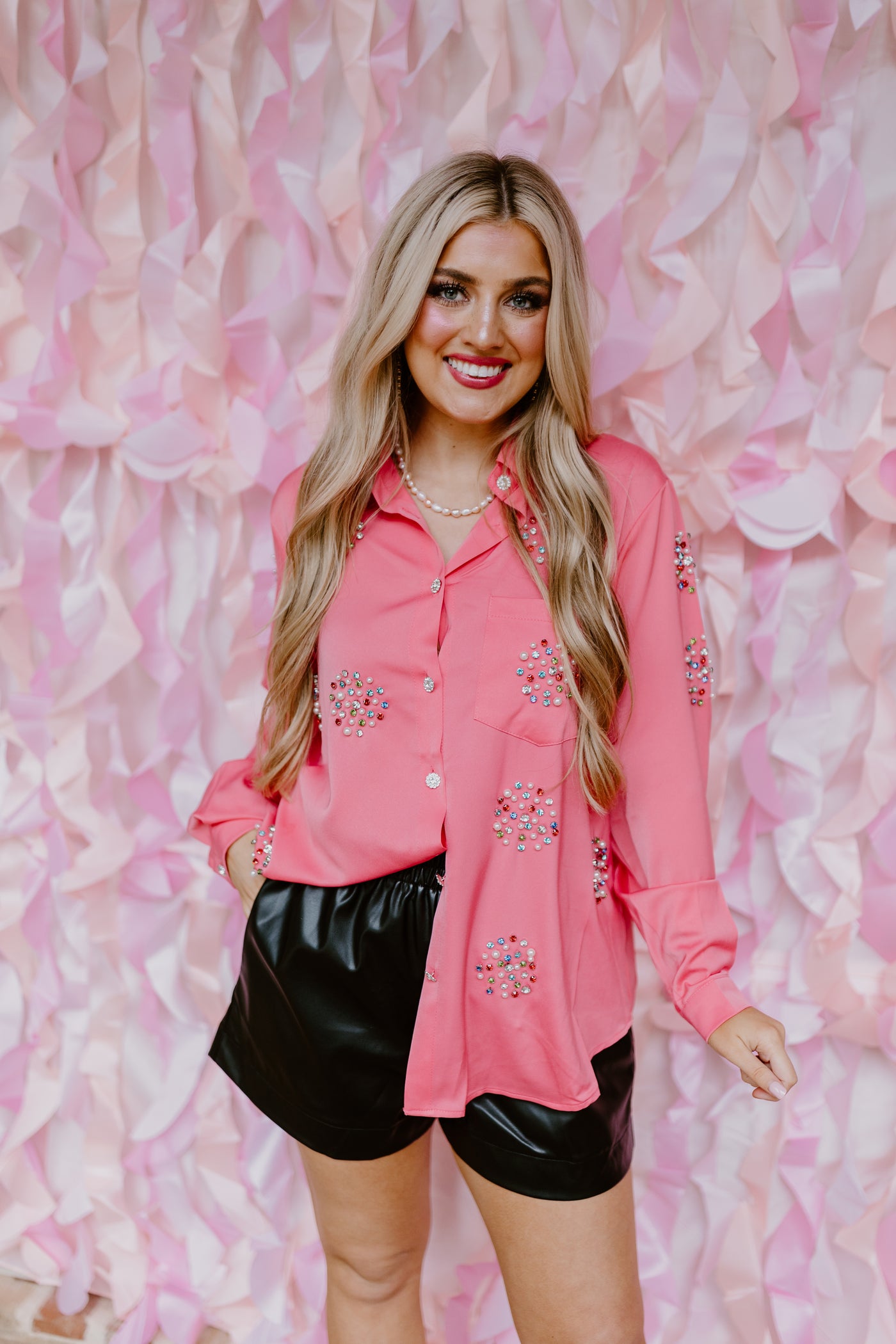 Beulah Style Pink Multi Rhinestone Embellished Button Down