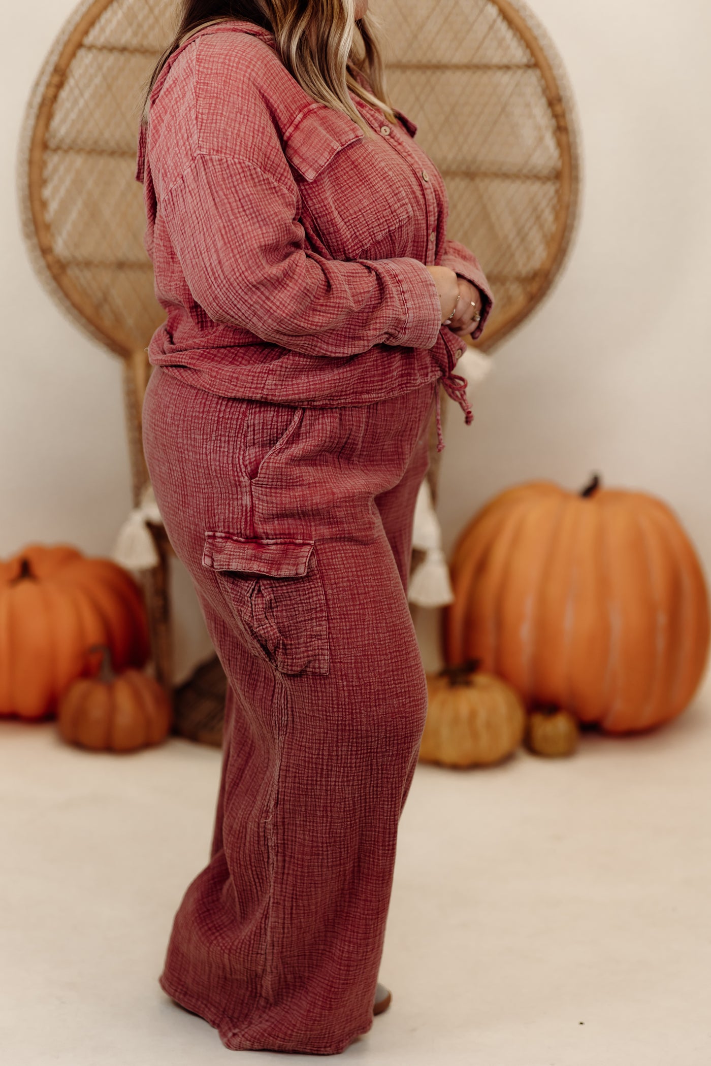 Raspberry Gauze Oversized Button Down Hoodie and Pant Set