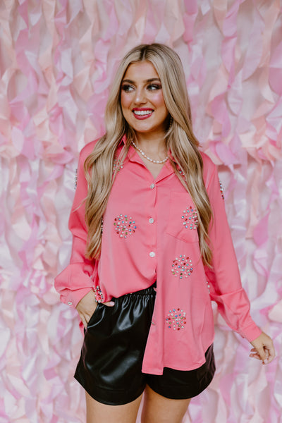 Beulah Style Pink Multi Rhinestone Embellished Button Down