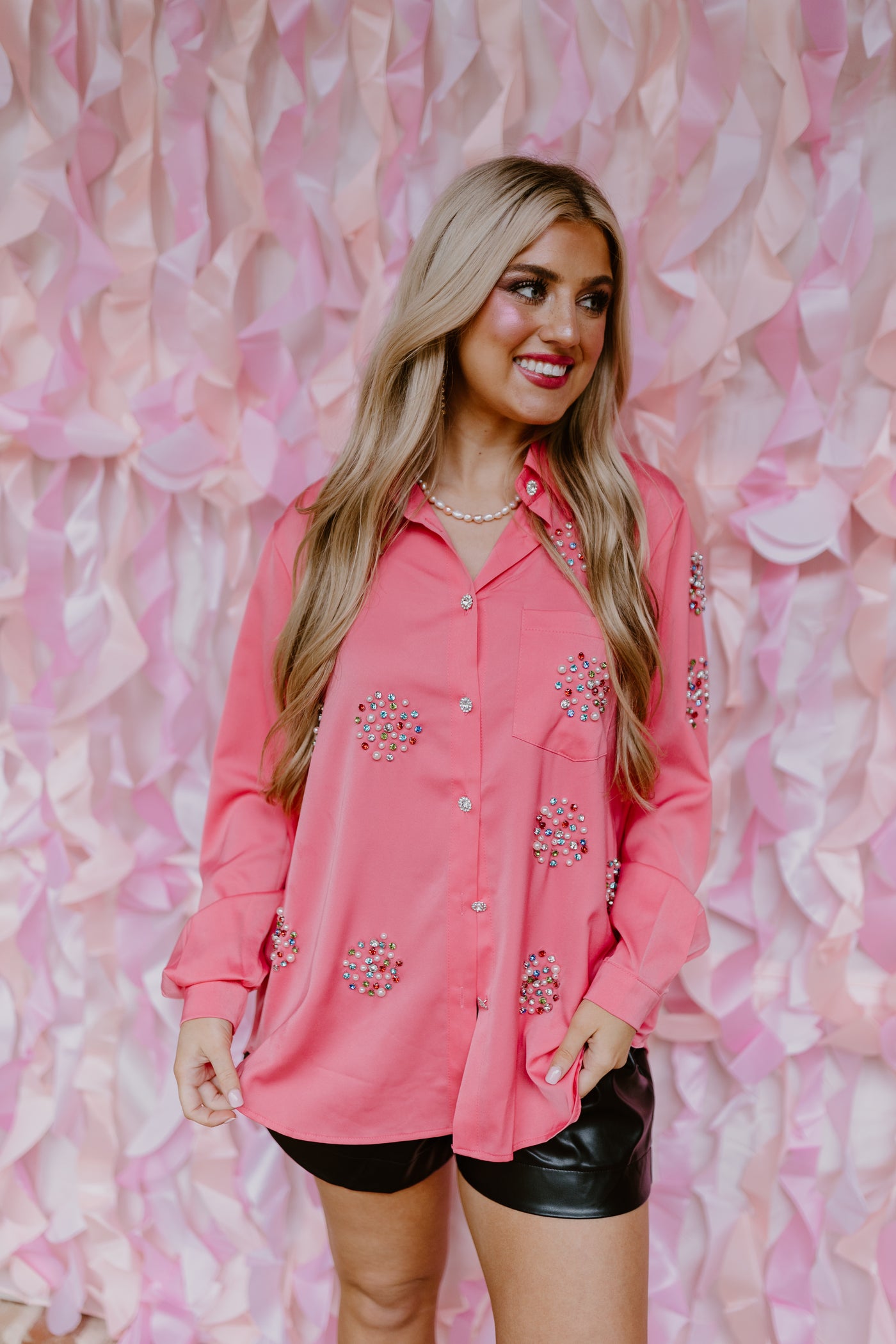 Beulah Style Pink Multi Rhinestone Embellished Button Down