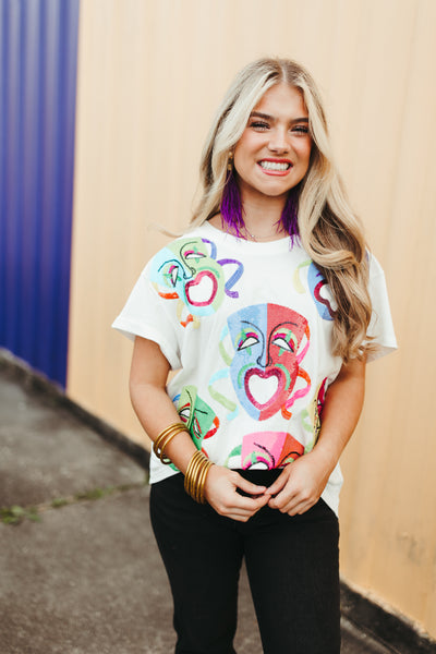 Queen Of Sparkles White Multi Mardi Gras Mask Tee