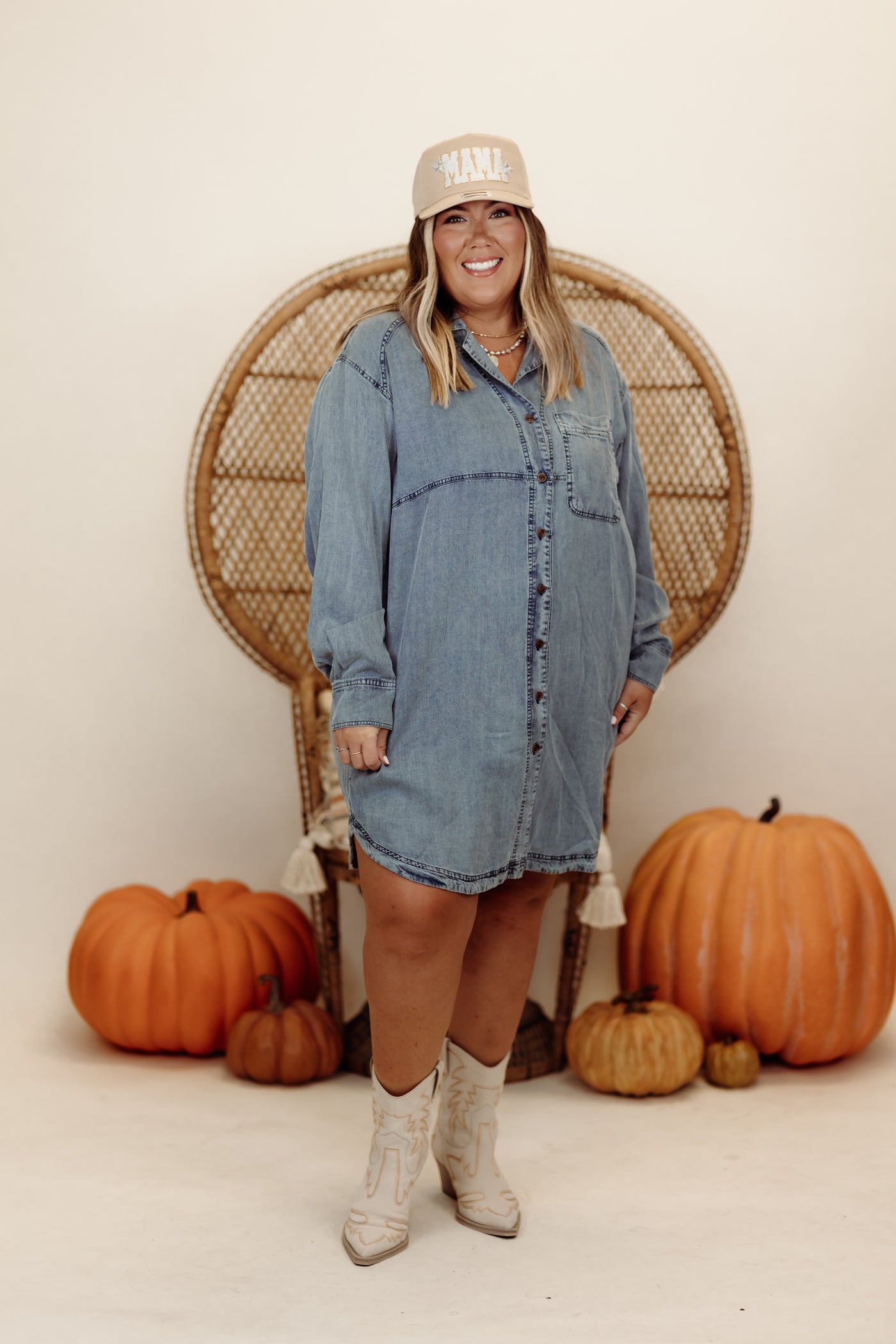 Washed Denim Long Sleeve Button Down Shirt Dress