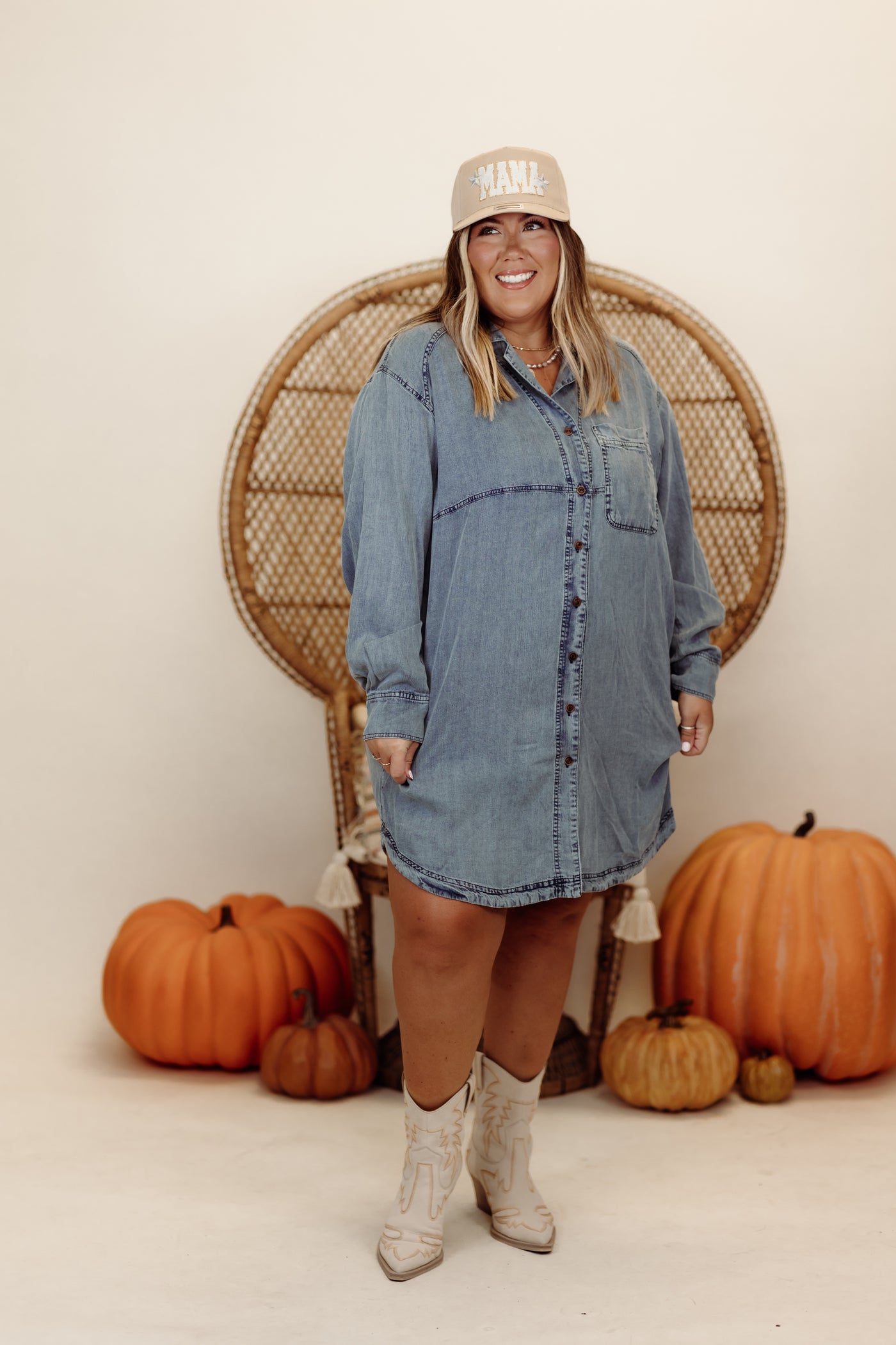 Washed Denim Long Sleeve Button Down Shirt Dress