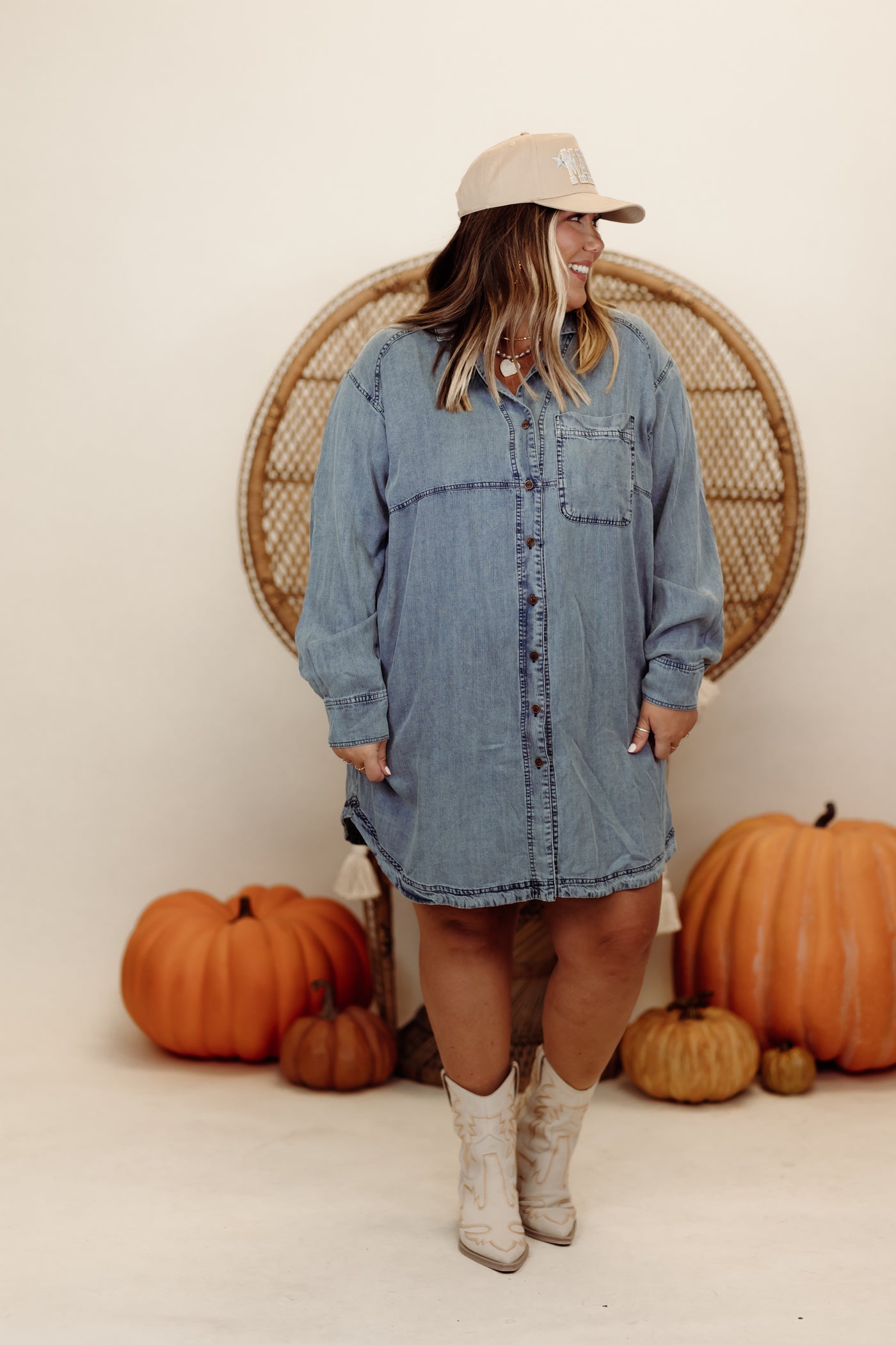 Washed Denim Long Sleeve Button Down Shirt Dress