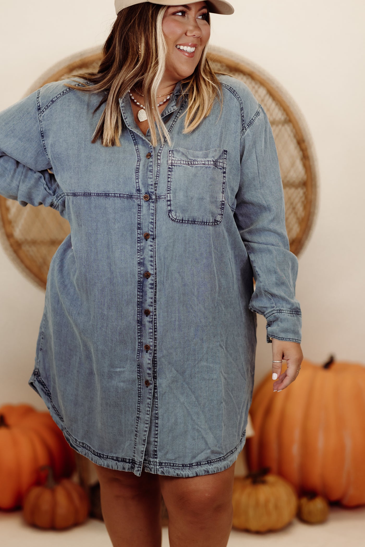 Washed Denim Long Sleeve Button Down Shirt Dress