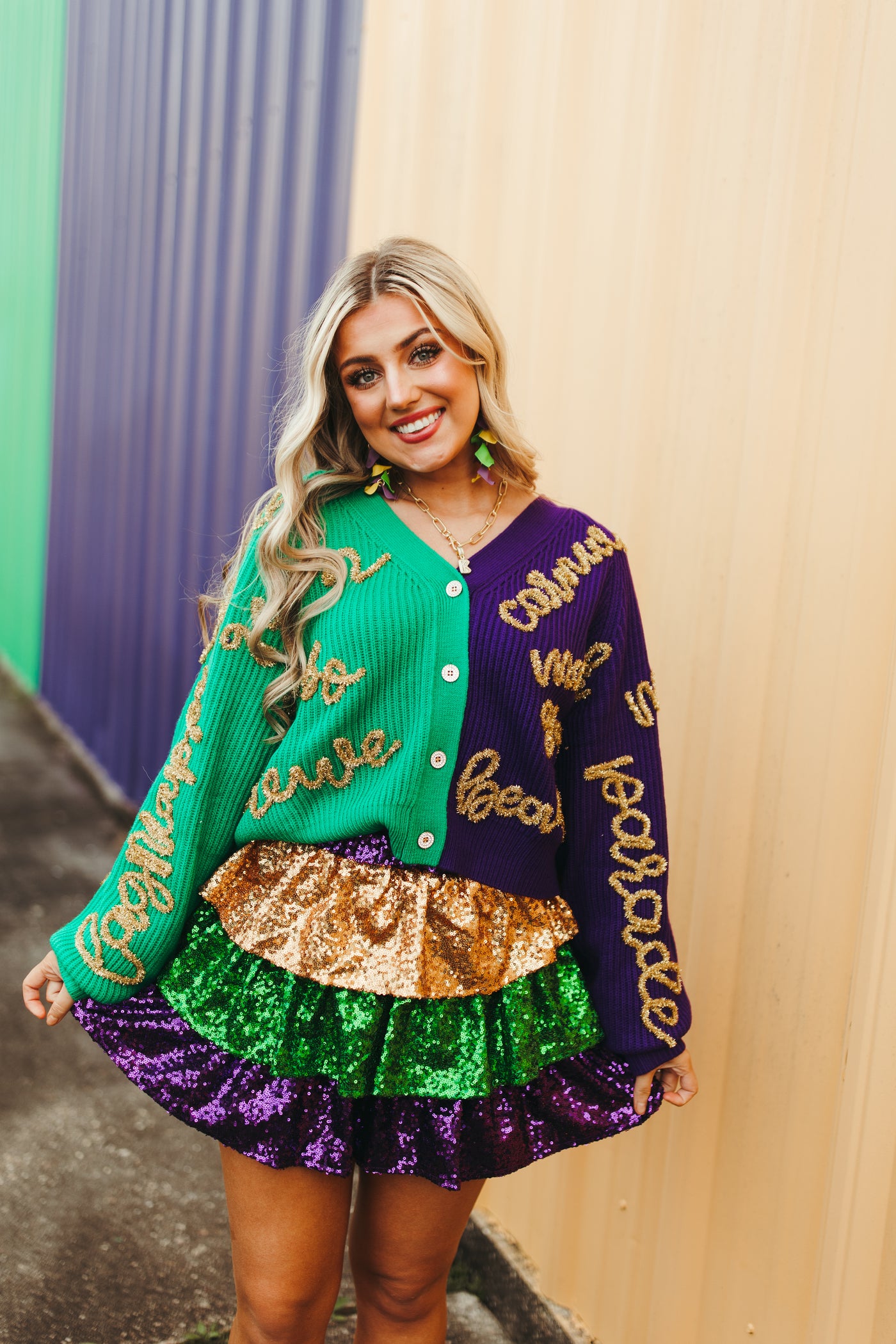 Queen Of Sparkles Colorblock Mardi Gras Words Cardigan