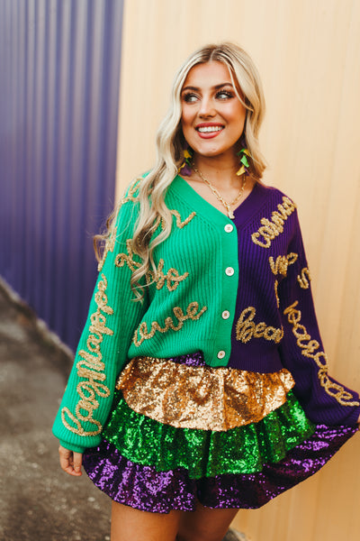 Queen Of Sparkles Colorblock Mardi Gras Words Cardigan