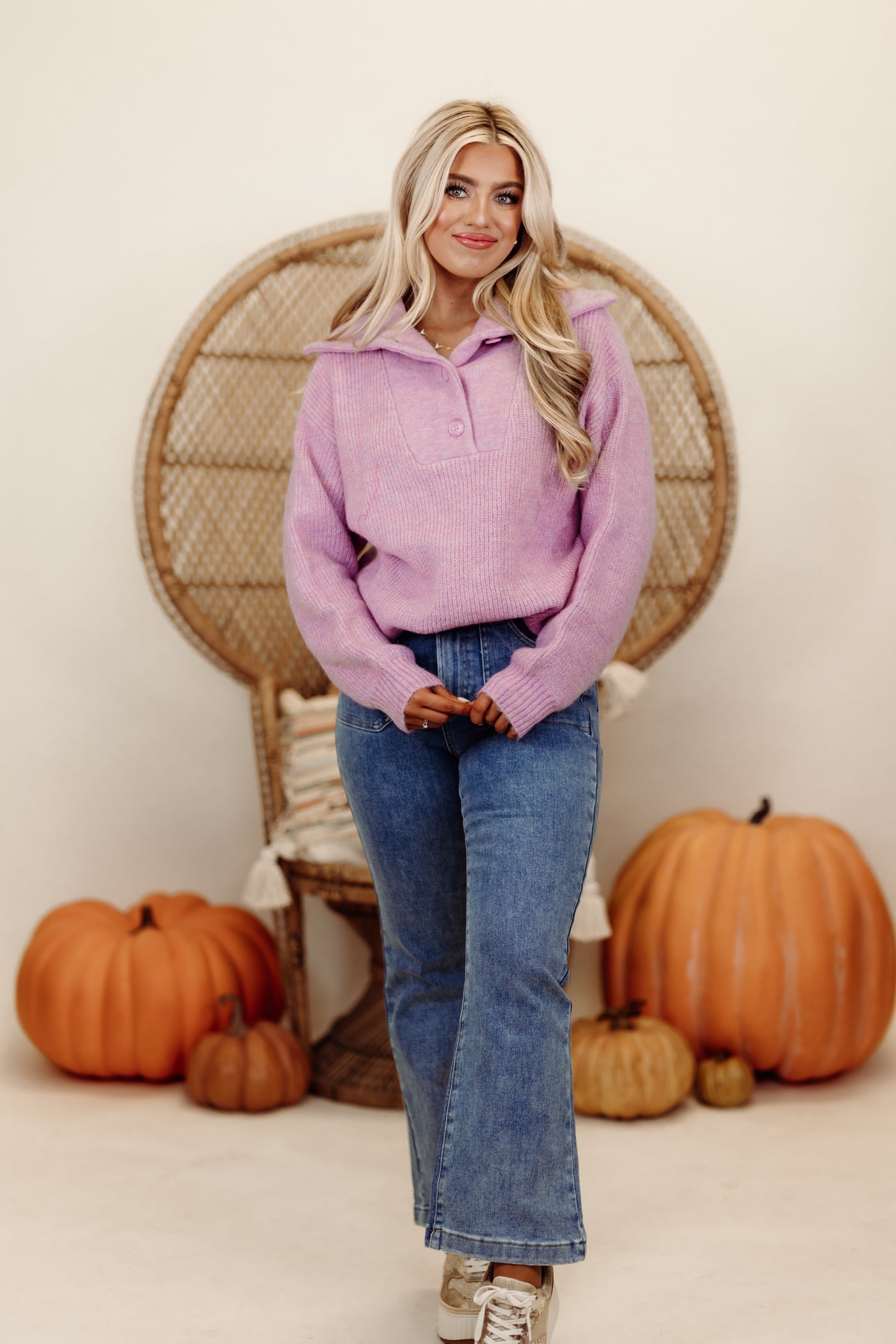 Lavender Long Sleeve Button Detail Knit Sweater