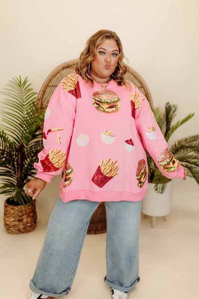 Queen of Sparkles Light Pink Burger & Fries Icon Sweatshirt