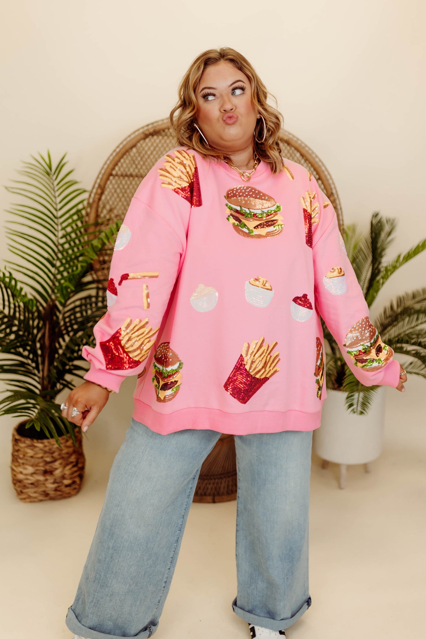 Queen of Sparkles Light Pink Burger & Fries Icon Sweatshirt