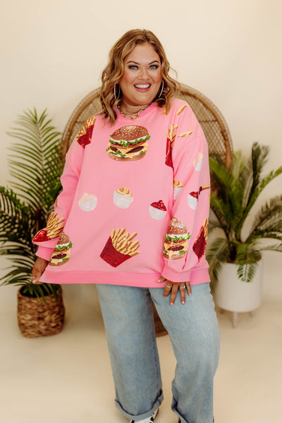 Queen of Sparkles Light Pink Burger & Fries Icon Sweatshirt