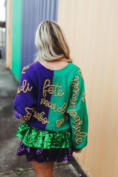 Queen Of Sparkles Colorblock Mardi Gras Words Cardigan