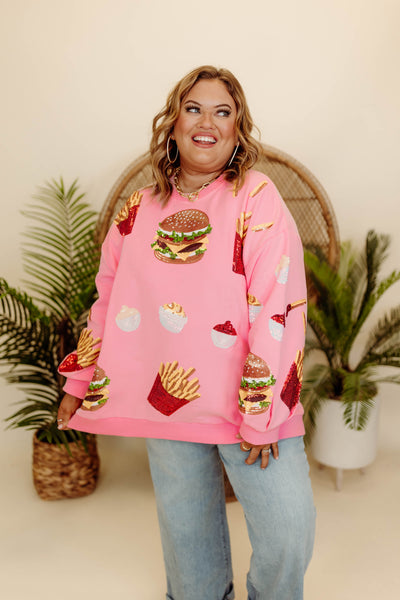 Queen of Sparkles Light Pink Burger & Fries Icon Sweatshirt