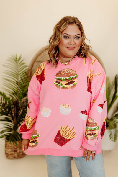 Queen of Sparkles Light Pink Burger & Fries Icon Sweatshirt