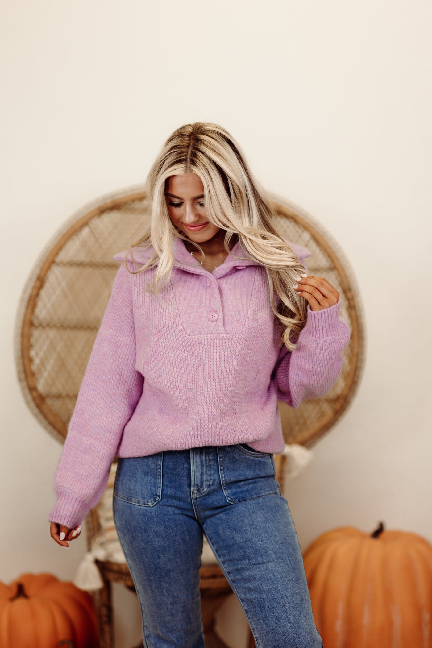 Lavender Long Sleeve Button Detail Knit Sweater