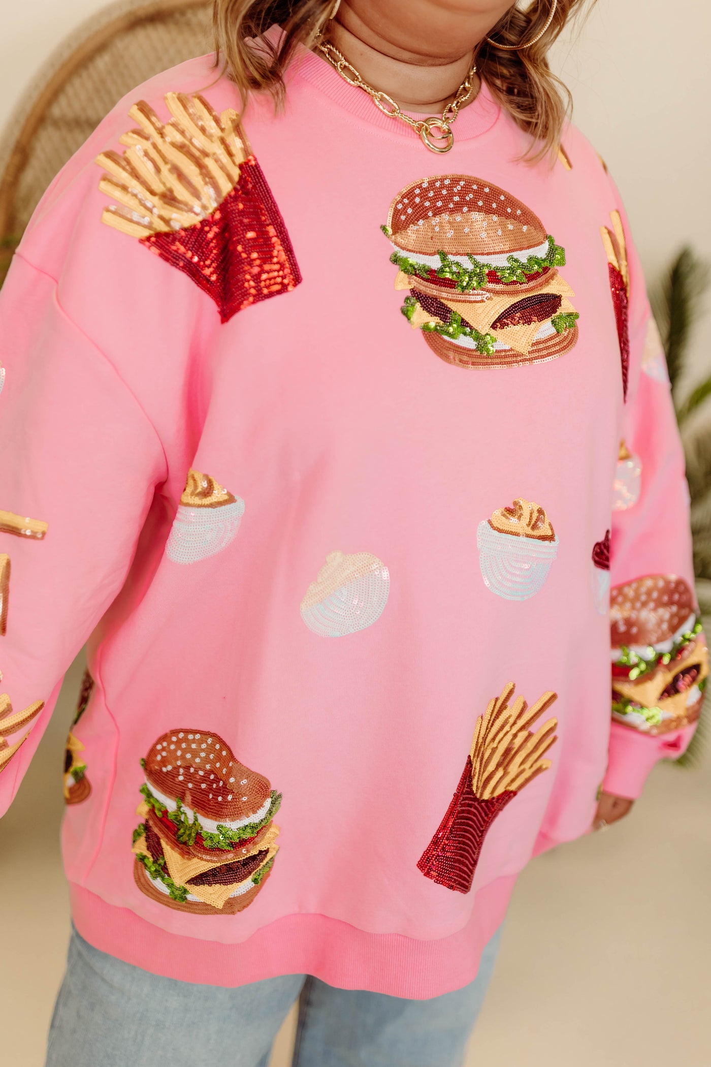 Queen of Sparkles Light Pink Burger & Fries Icon Sweatshirt