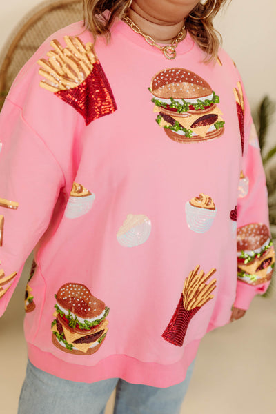 Queen of Sparkles Light Pink Burger & Fries Icon Sweatshirt