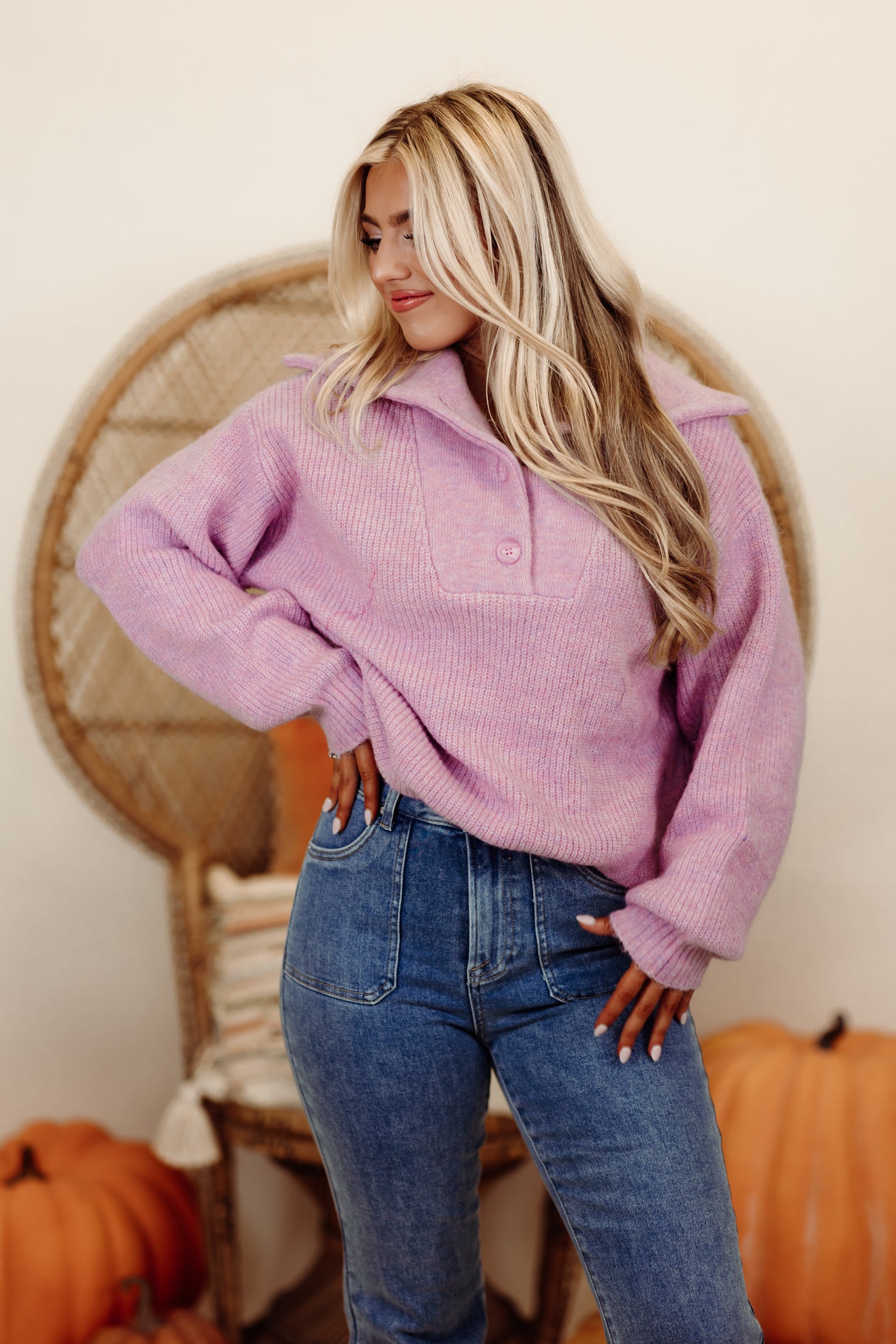 Lavender Long Sleeve Button Detail Knit Sweater