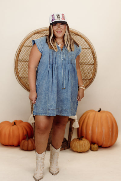 Denim Blue Short Sleeve Pintuck V-Neck Mini Dress