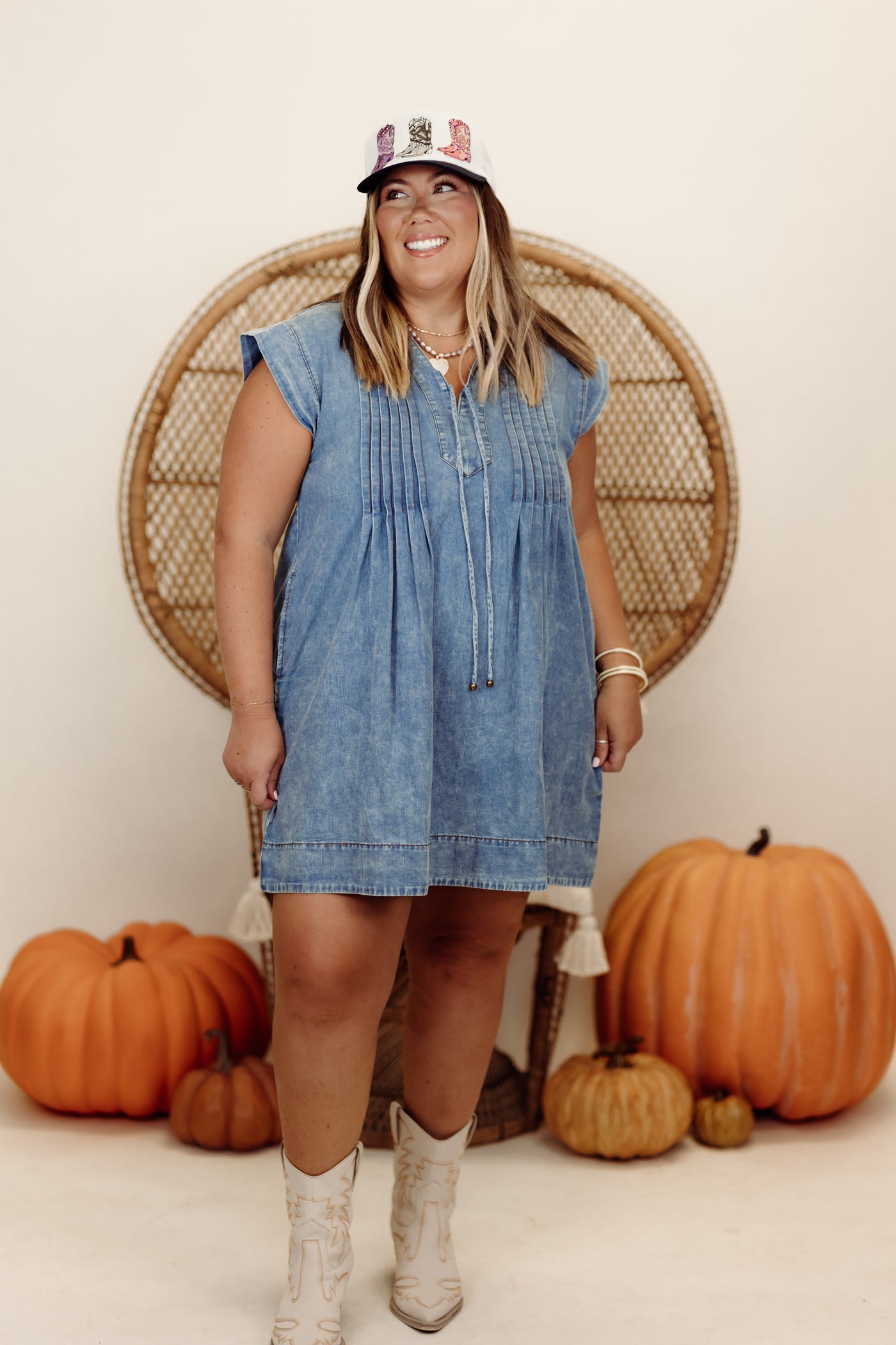 Denim Blue Short Sleeve Pintuck V-Neck Mini Dress