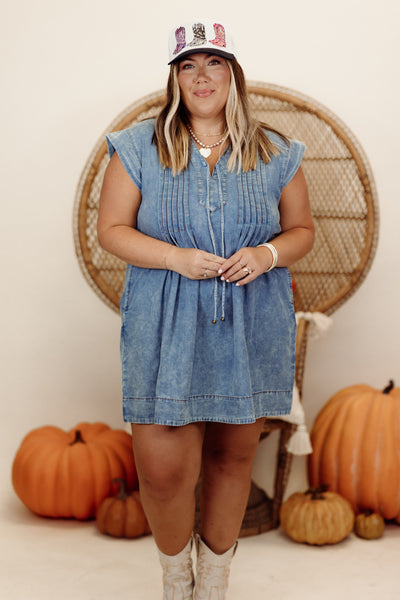 Denim Blue Short Sleeve Pintuck V-Neck Mini Dress