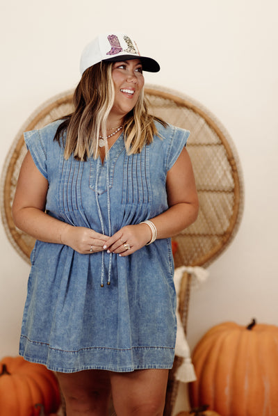 Denim Blue Short Sleeve Pintuck V-Neck Mini Dress