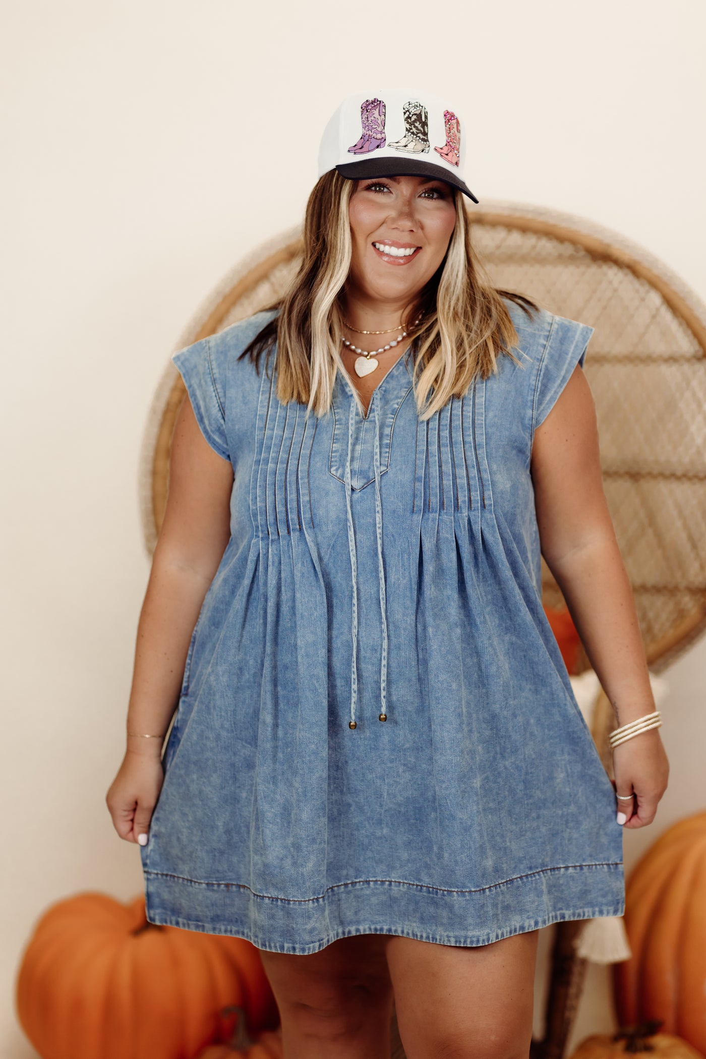 Denim Blue Short Sleeve Pintuck V-Neck Mini Dress